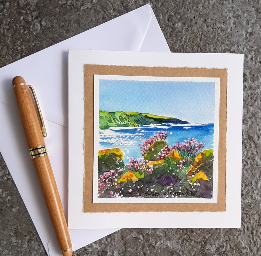 Orange and Pink. Handpainted Blank Greetings Card Of Thrift and Lichen Shoreline