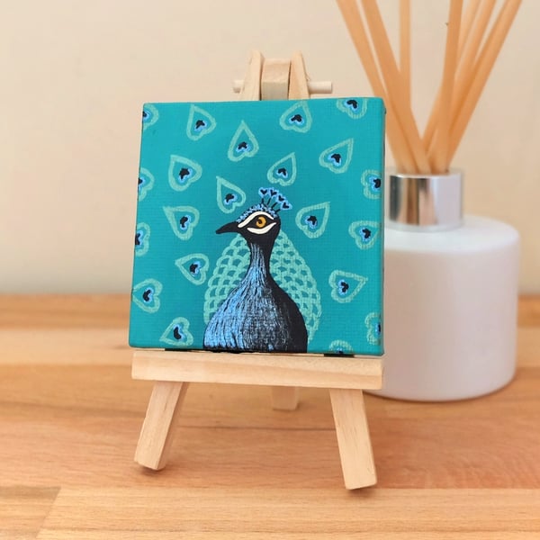 Peacock Miniature Painting - metallic bird art on mini canvas with easel