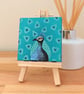 Peacock Miniature Painting - metallic bird art on mini canvas with easel