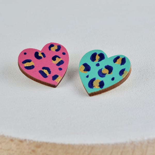 Painted Leopard Print Wooden Heart Brooch