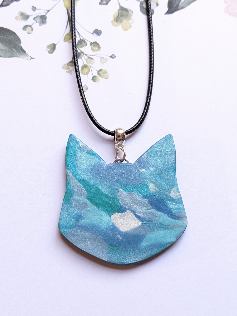 Large Blue Cat Head Shape Pendant Necklace, Polymer Clay Jewellery