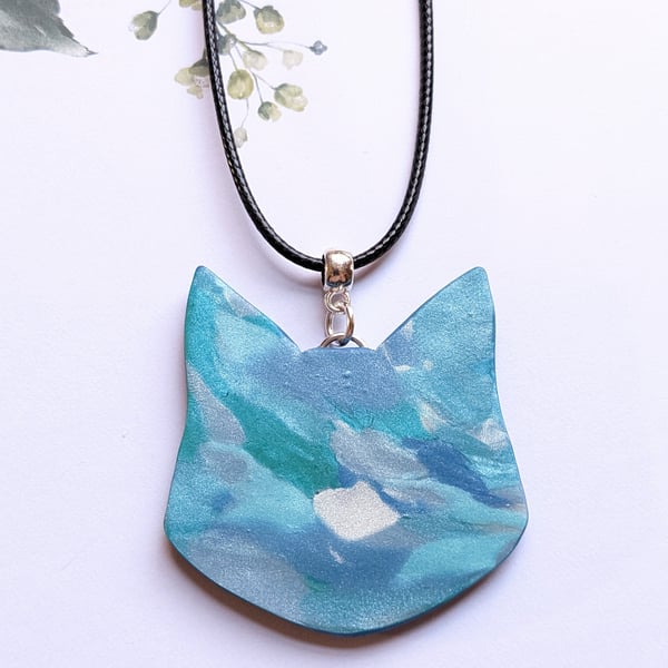 Large Blue Cat Head Shape Pendant Necklace, Polymer Clay Jewellery