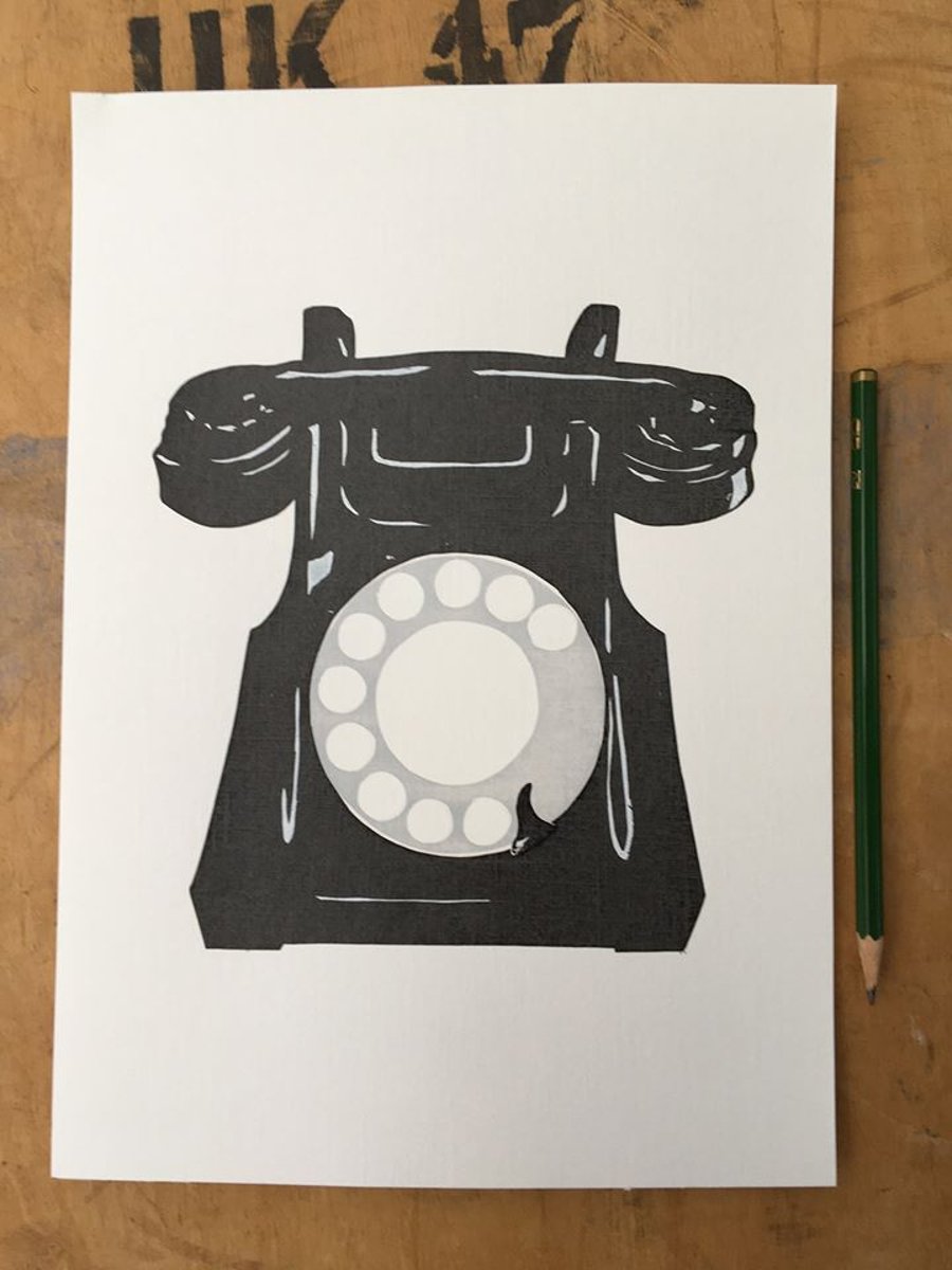 Black Retro Telephone - Handmade Silkscreen Print