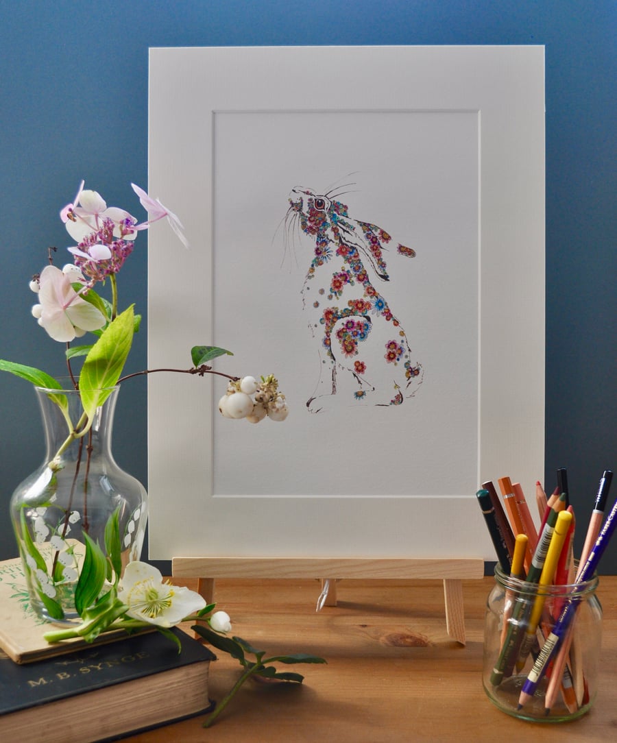 Floral Hare 12 x 15 inch mounted print