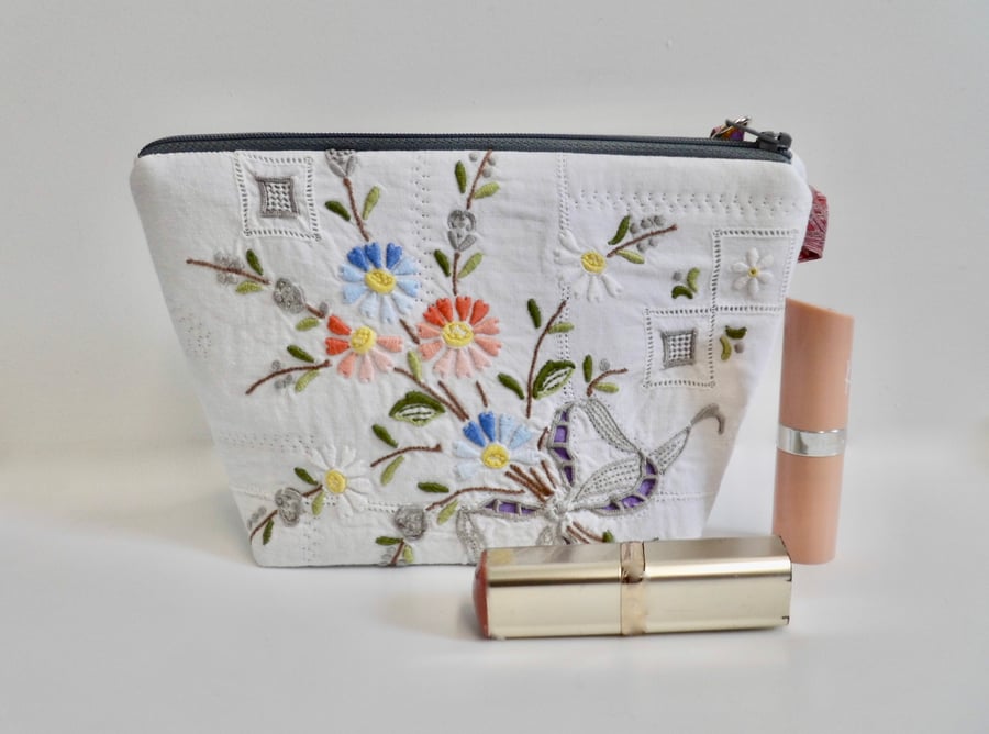 SOLD Make up bag in reclaimed vintage embroidery and pink fabric lining