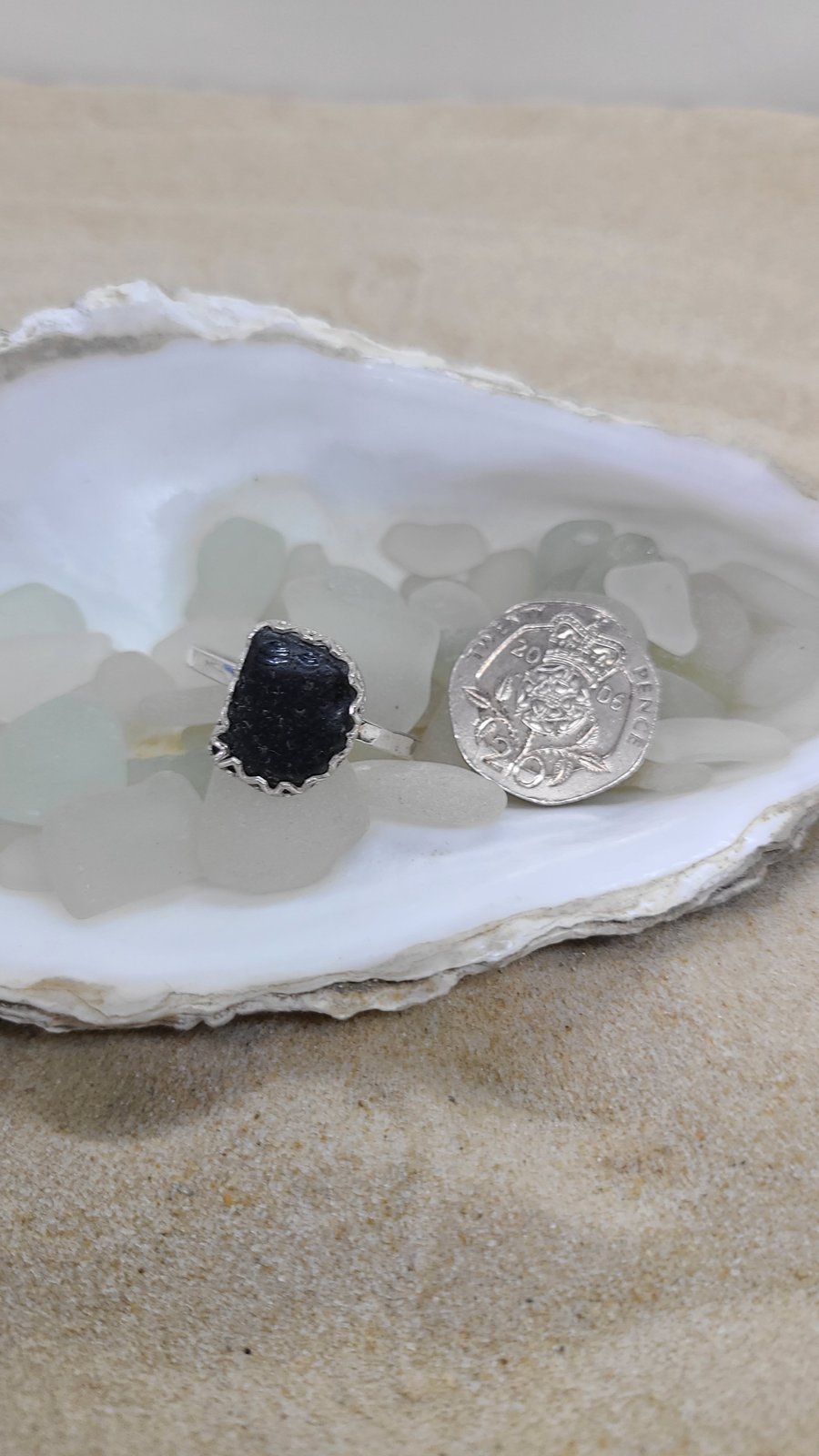 Pirate black sea glass and silver ring gift for her SG27