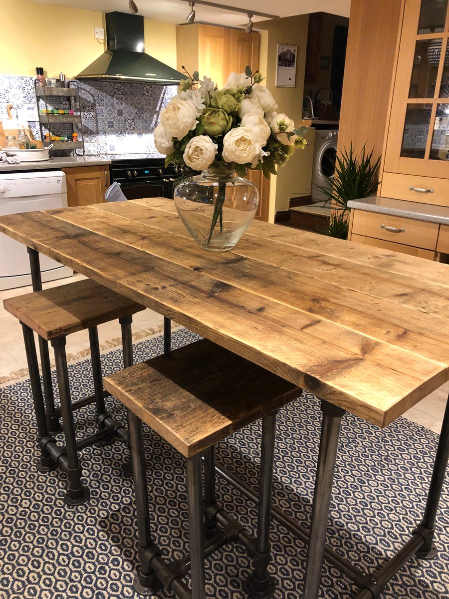 Scaffold Tube Rustic Counter Bar Height Table from Reclaimed Scaffold Boards