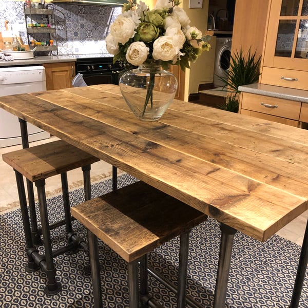 Scaffold Tube Rustic Counter Bar Height Table from Reclaimed Scaffold Boards