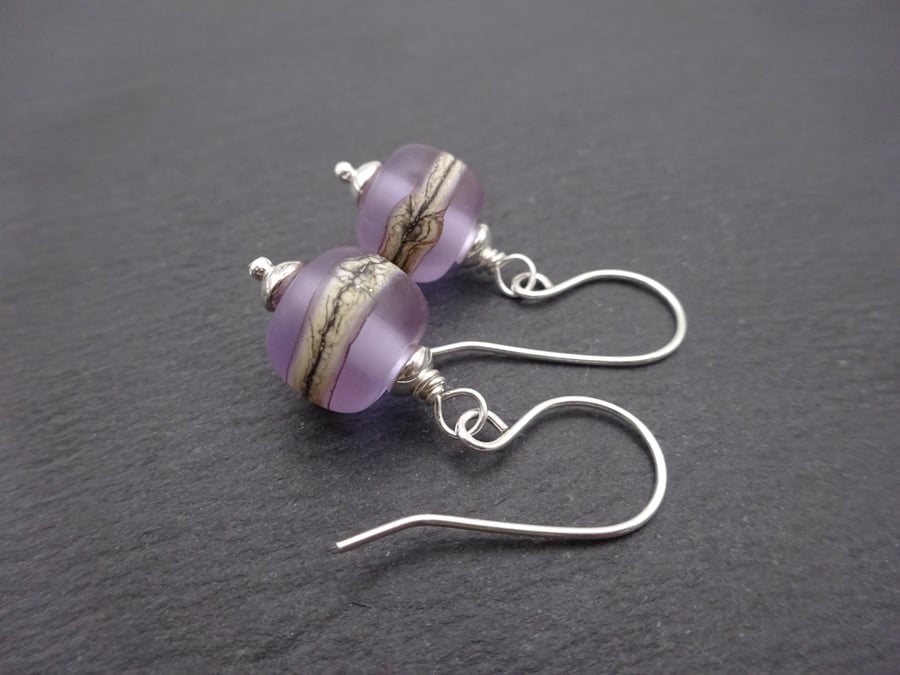 lilac lampwork glass frosted earrings, sterling silver jewellery