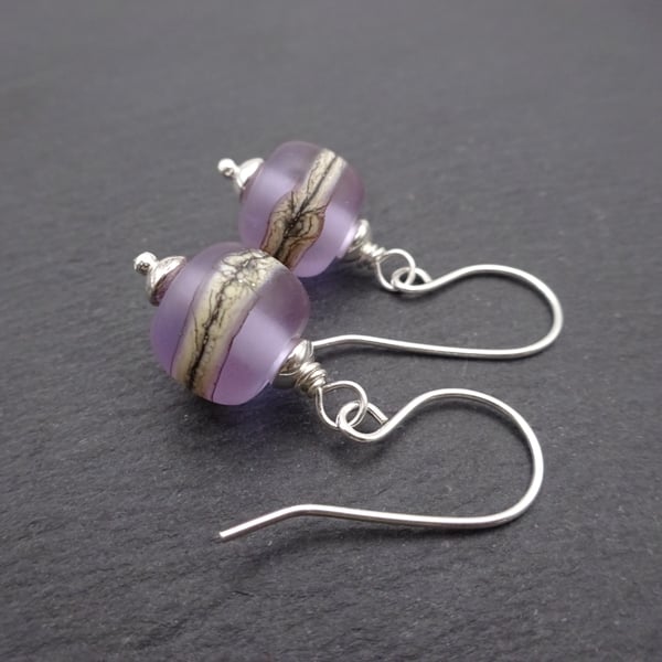 lilac lampwork glass frosted earrings, sterling silver jewellery