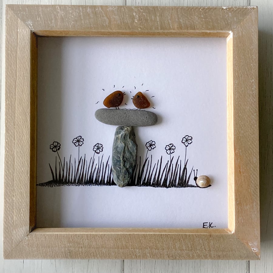 Pebble and sea glass box frame art handmade in Cornwall 