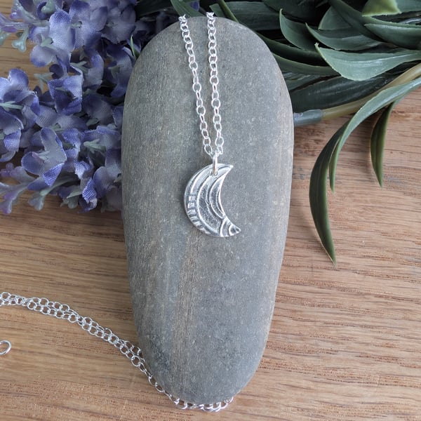 Handmade Fine Silver Crescent Moon Pendant Necklace Tidal Design