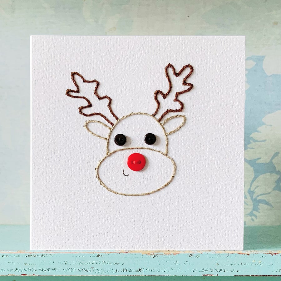 Hand Sewn Reindeer Card. Embroidered Card. Reindeer. Blank Card.