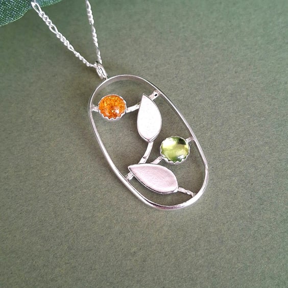 Handmade Silver Leaf Pendant with Amber and Peridot