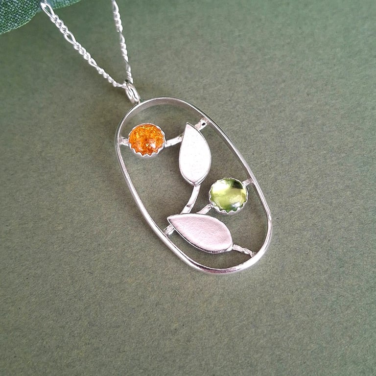 Handmade Silver Leaf Pendant with Amber and Peridot