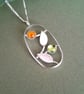 Handmade Silver Leaf Pendant with Amber and Peridot