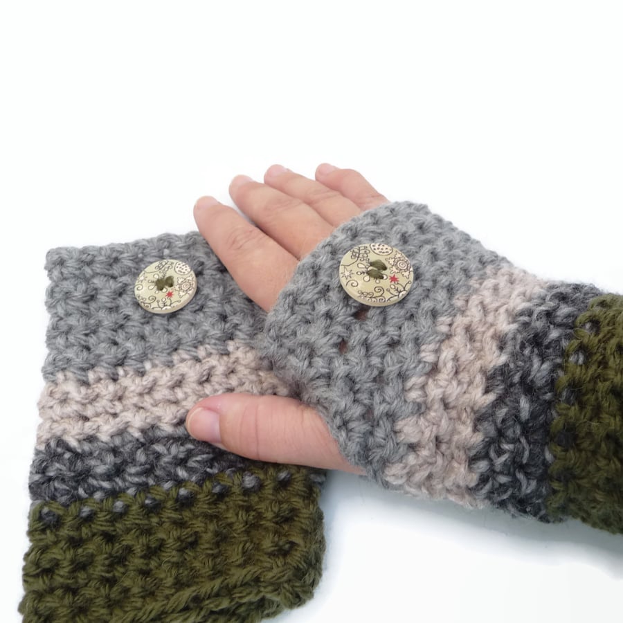 Crochet Fingerless Gloves - Grey Green Beige