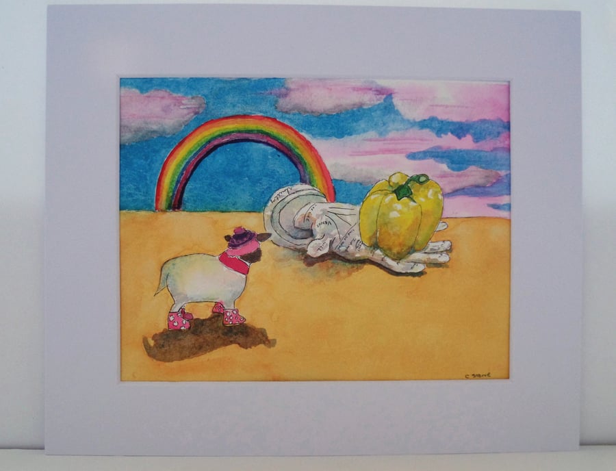 Original watercolour surreal image rainbow  toy sheep  pepper in palmistry hand