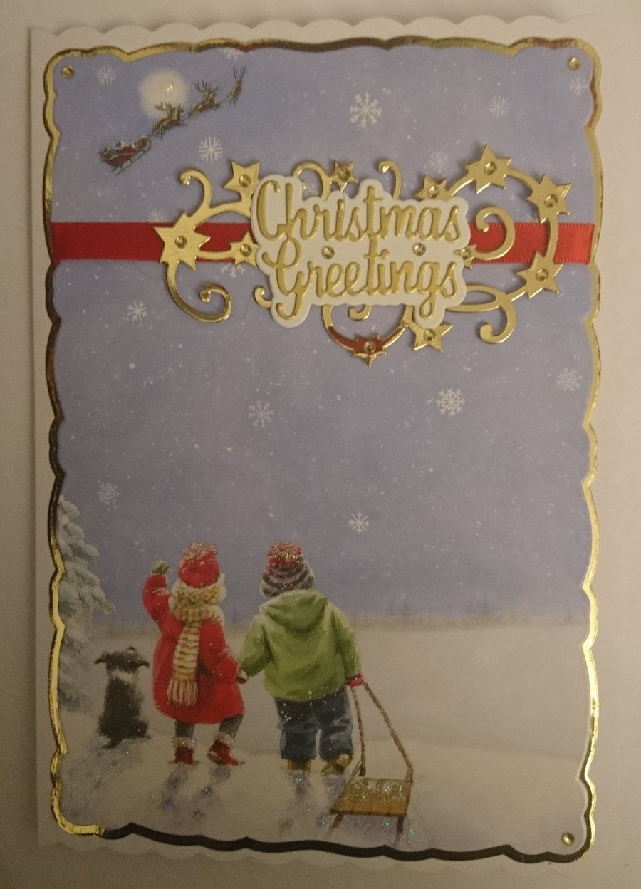 Handmade Christmas Card Santa in the Sky Children and Puppy Dog
