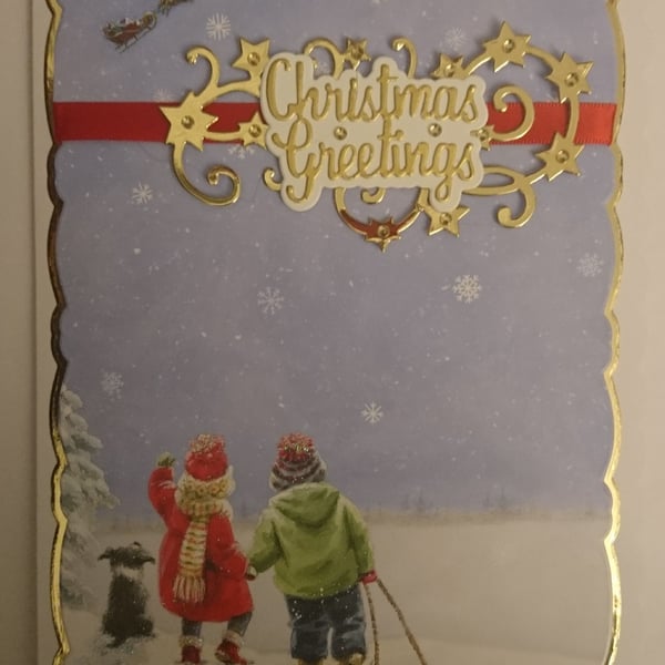 Handmade Christmas Card Santa in the Sky Children and Puppy Dog