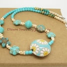 Ceramic and Czech Glass Flower Necklace, Blue Necklace, Green Necklace.