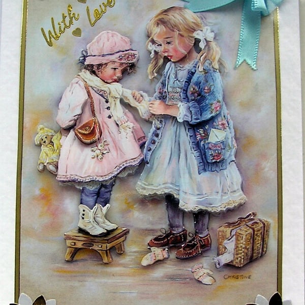 Sisters - Hand Crafted 3D Decoupage Greeting Card - With Love 2809