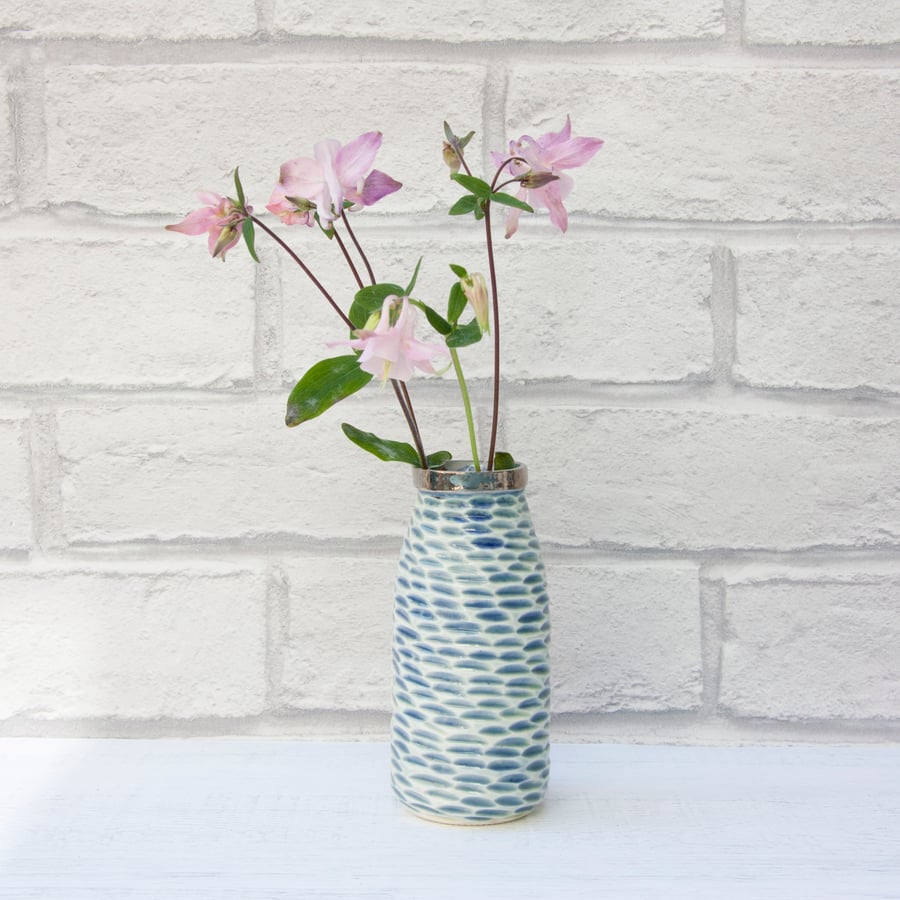 Silver Top Milk Bottle Vase - blue