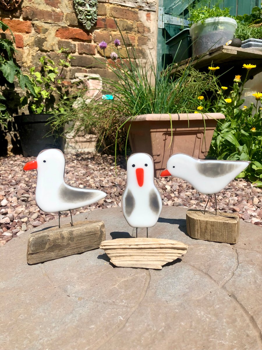 Fused glass seagull gull ornament figure  on driftwood made to order 