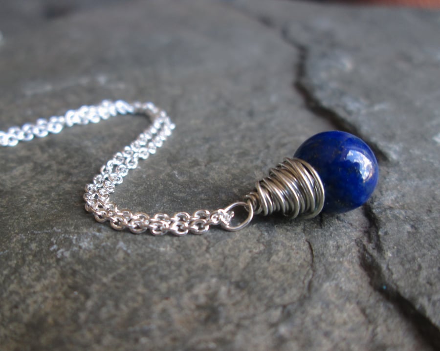 Lapis Lazuli Necklace - Wire wrapped pendant, silver, Gift jewellery