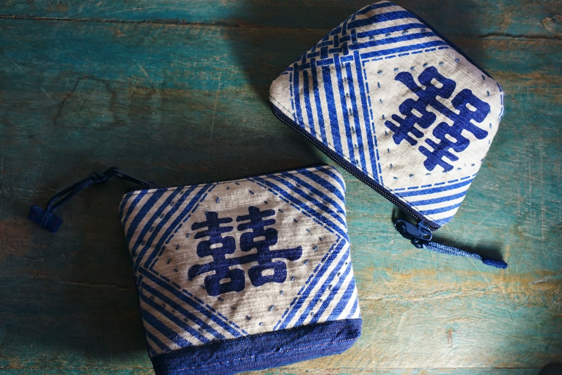 Hand-printed Fabric Small Zipper Pouch, Double Happiness Card & Coin Purse
