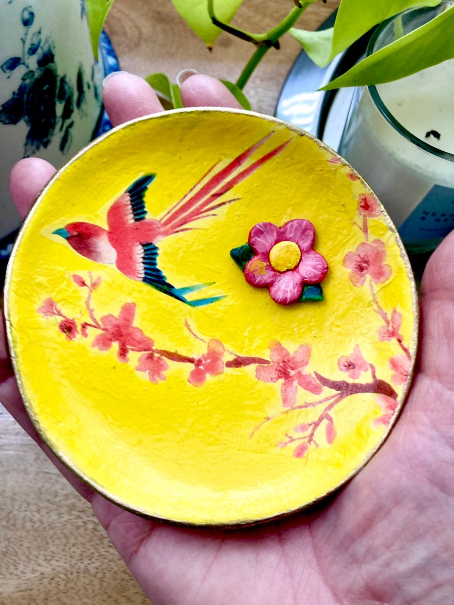 Beautiful Handmade Clay Trinket Dish Oriental Bird in Flight Sunshine Yellow