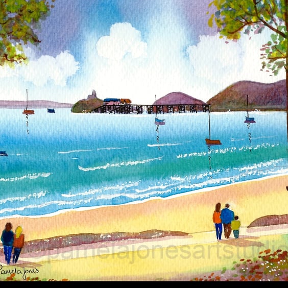 Strolling To Mumbles, Wales, Watercolour Print in 14 x 11'' Mount