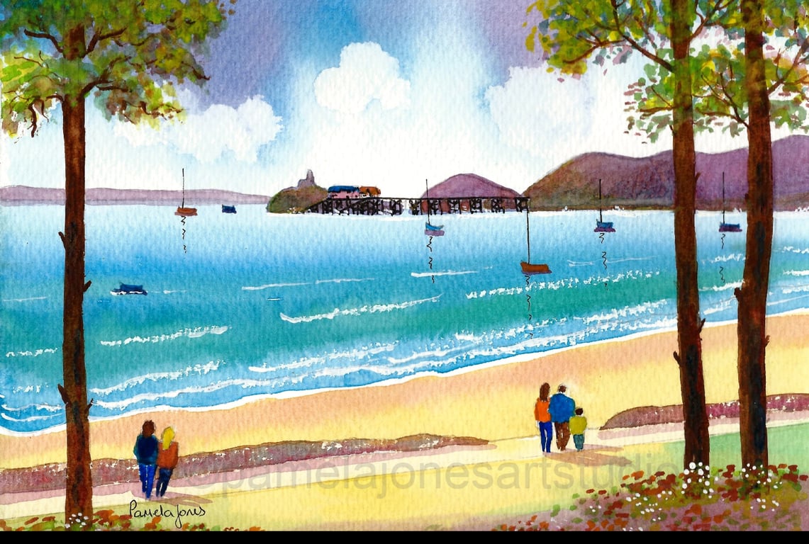 Strolling To Mumbles, Wales, Watercolour Print in 14 x 11'' Mount
