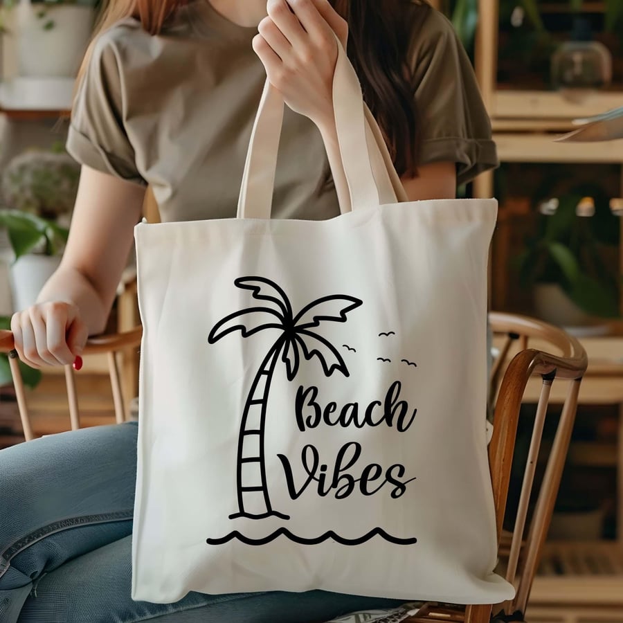 Beach Vibes Tote Bag, Holiday Bag, Swimming Pool Bag, Palm Tree Tote