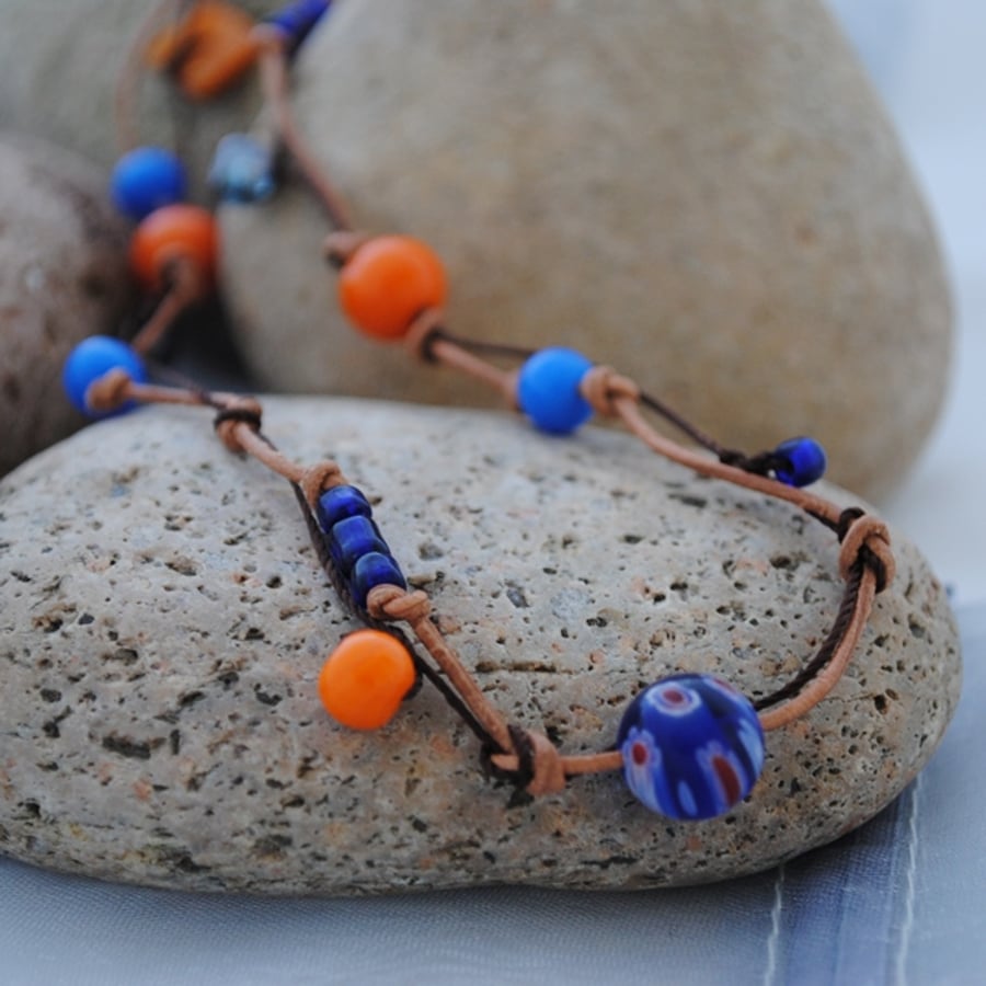 Leather, blue & orange knots-Boho, beach & surfer style