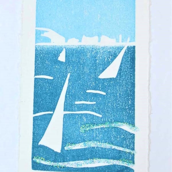 Summer sailing Isle of Wight coastal handprinted card 