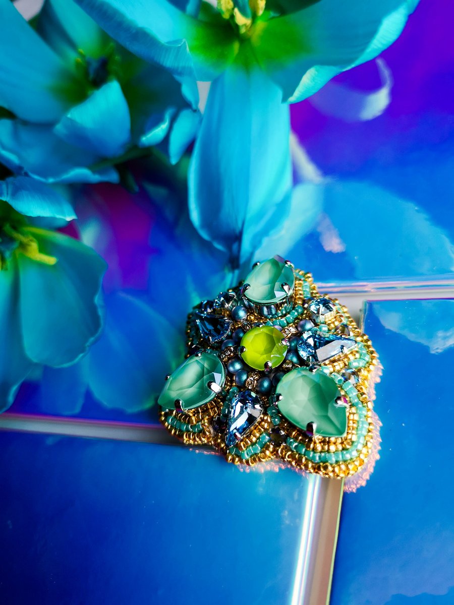 Aurora Swarovski crystal mint blue and lime green beaded brooch