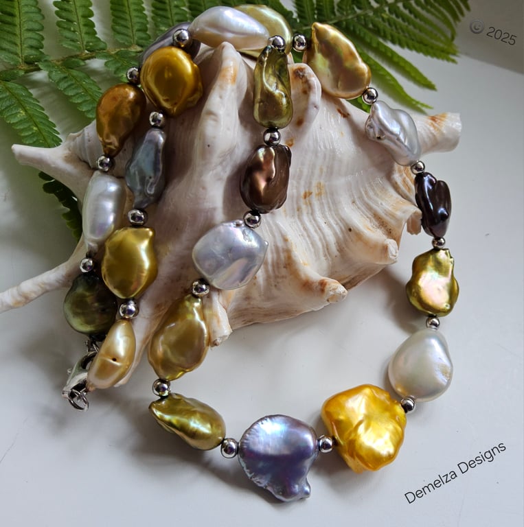 Large Multi Coloured Kiwi Pearl Sterling Silver Necklace.