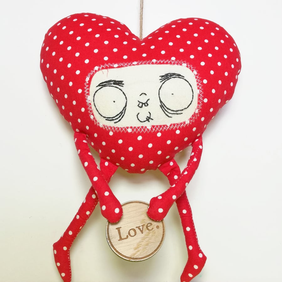 Quirky Hand Embroidered Wonky Heart in Red Polka dots