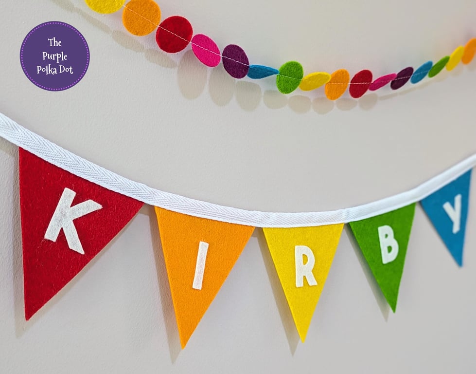 Personalised rainbow banner handmade from wool blend felt for custom name 