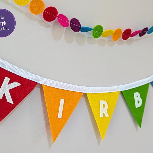 Personalised rainbow banner handmade from wool blend felt for custom name 