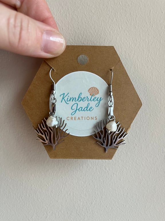 Freshwater Pearl & Coral Dangle Earrings 