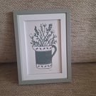 An original handprinted linoprint of a leaf decorated jug of grasses & flowers