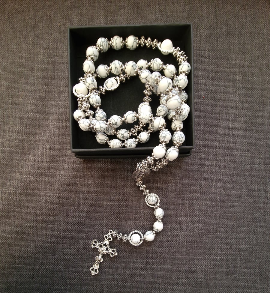 Handmade white turquoise and metal beaded rosary, bead size 8mm