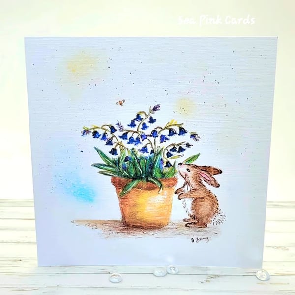 Bluebell and Bunny Blank Card - birthday, easter, thanks, handcrafted