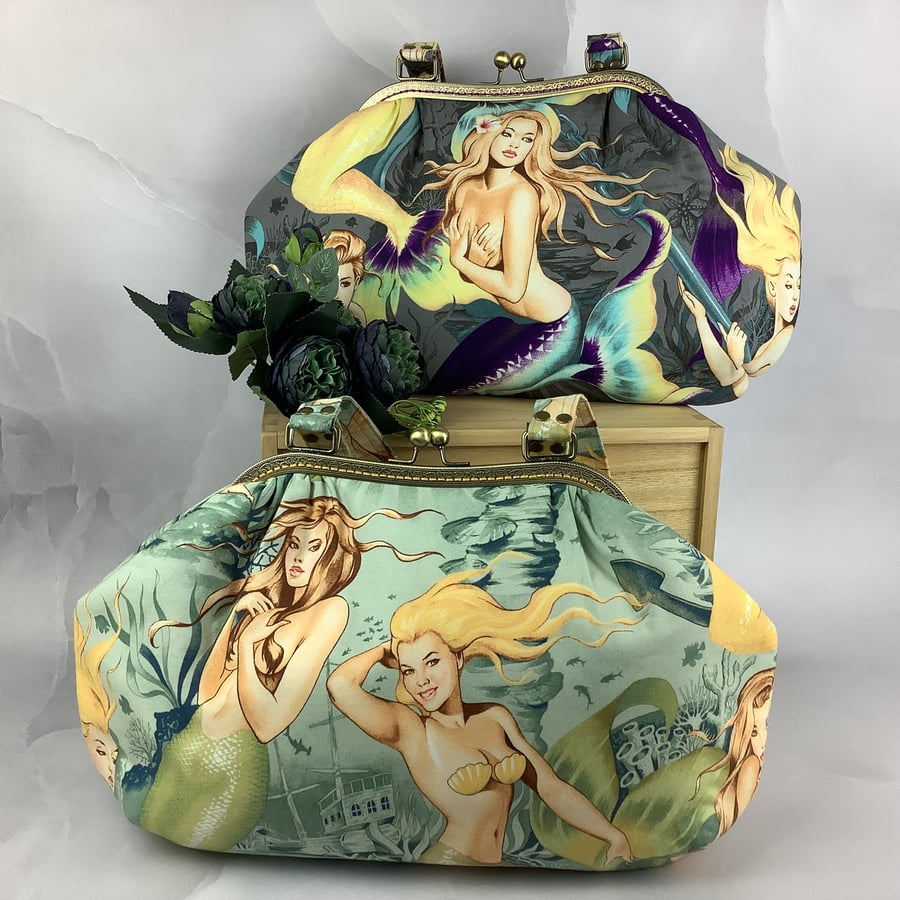 Mermaids large frame shoulder bag, Kiss clasp bag, Handmade