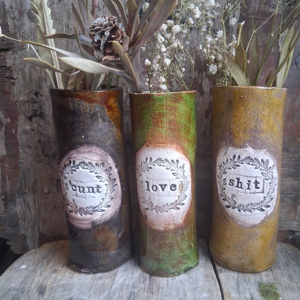 Skinny c8nt vase in olive, unique stoneware ceramic vase custom text