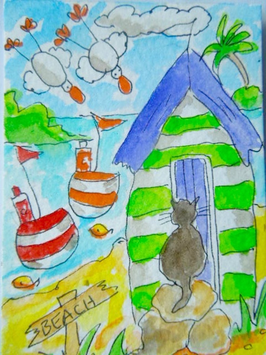 Original aceo collectable watercolour painting - On the beach.