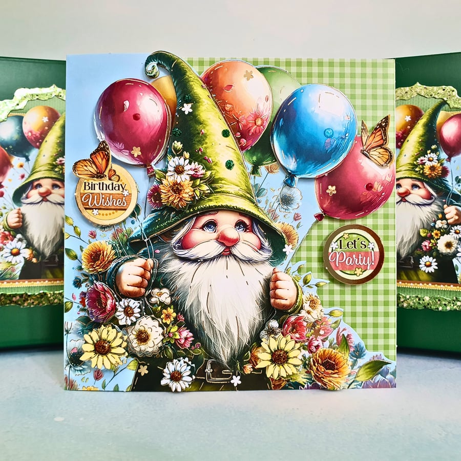 Birthday Wishes Card & Box - 3D Decoupage Keepsake Gnome Card, Let's Party