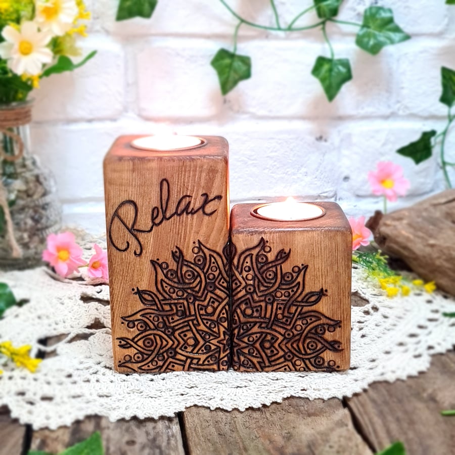Pyrography tealight holder set